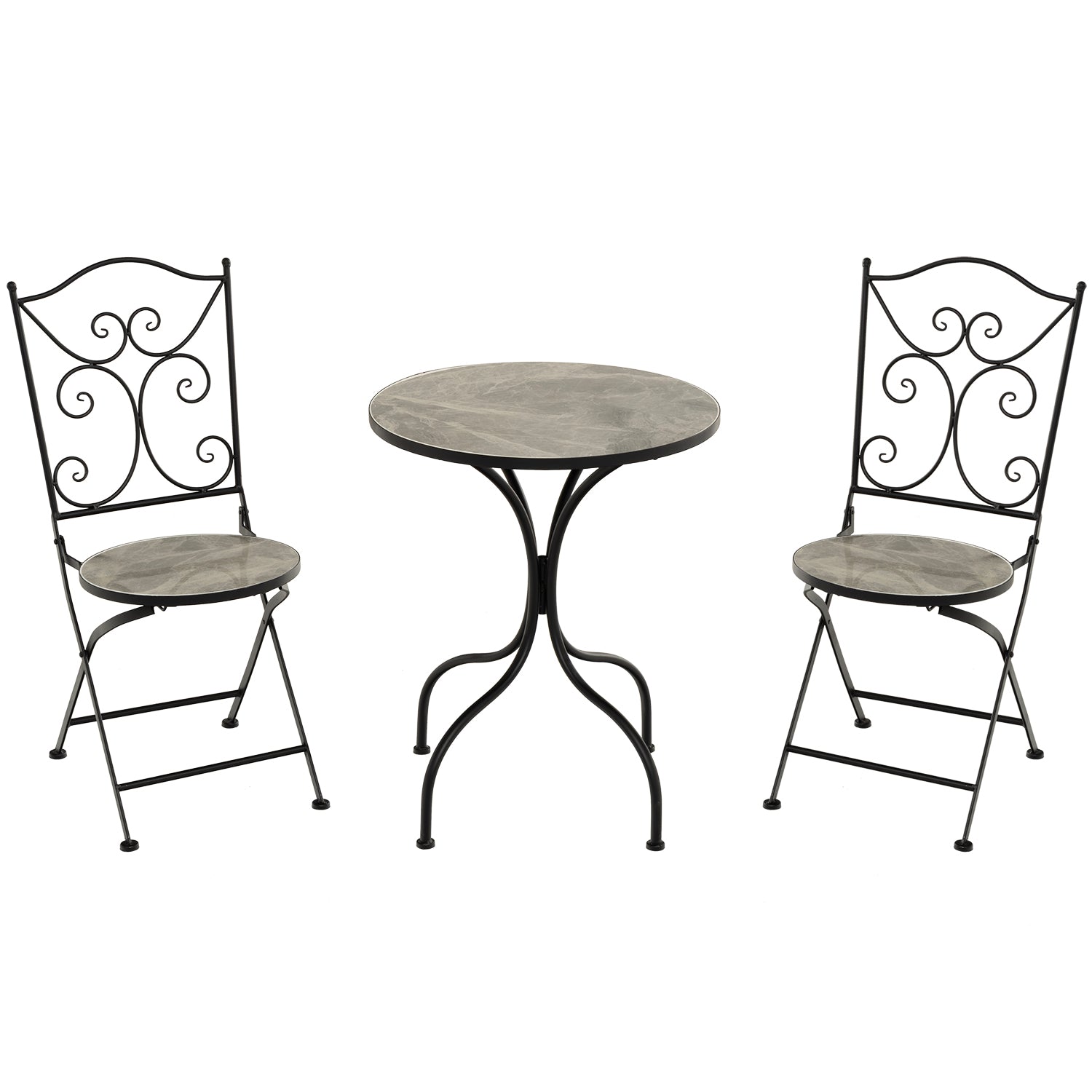 VESTIAMO CASA GIARDINO - Set giardino Bistrot tavolo rotondo 60 cm e 2 sedie in metallo Nero e Top in ceramica Effetto Marmo Grigio
